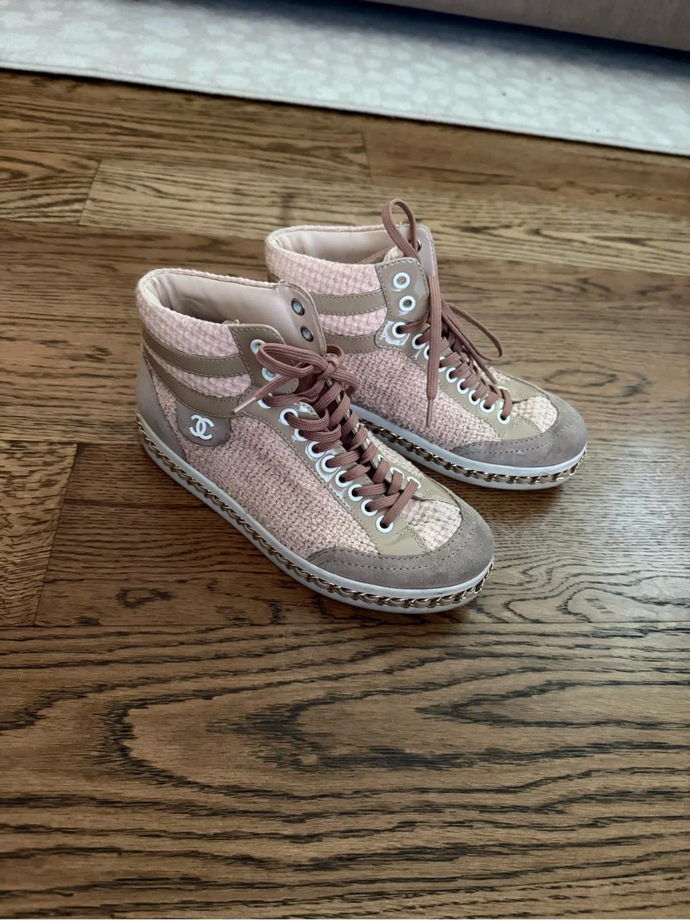CHANEL Pink and Beige Lace-Up High-Top Sneakers